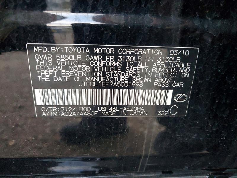 Aukcja sprzedaży 2010 Lexus Ls, vin: JTHDL1EF7A5001998, numer aukcji: 68610696
