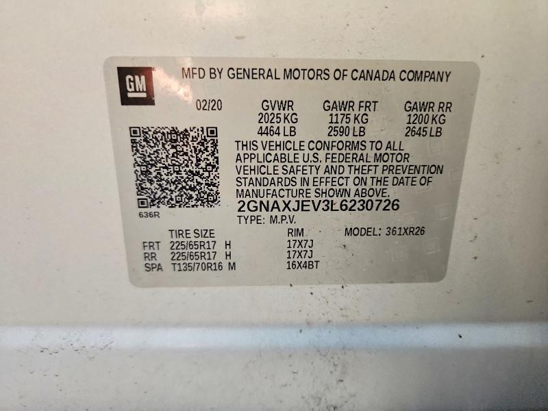 2020 Chevrolet Equinox მანქანა იყიდება აუქციონზე, vin: 2GNAXJEV3L6230726, აუქციონის ნომერი: 70522196