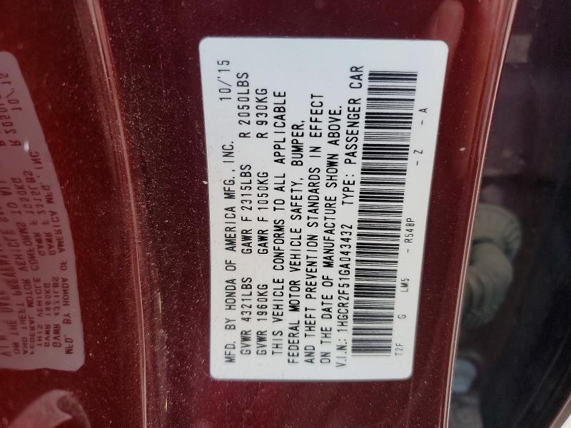 Продажа на аукционе авто 2016 Honda Accord, vin: 1HGCR2F51GA043432, номер лота: 68402626