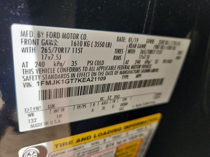 2019 Ford Expedition მანქანა იყიდება აუქციონზე, vin: 1FMJK1GT7KEA21109, აუქციონის ნომერი: 69854396