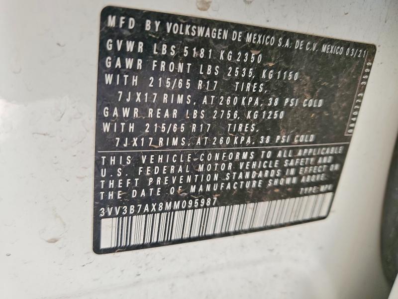 2021 Volkswagen Tiguan მანქანა იყიდება აუქციონზე, vin: 3VV3B7AX8MM095987, აუქციონის ნომერი: 69318306