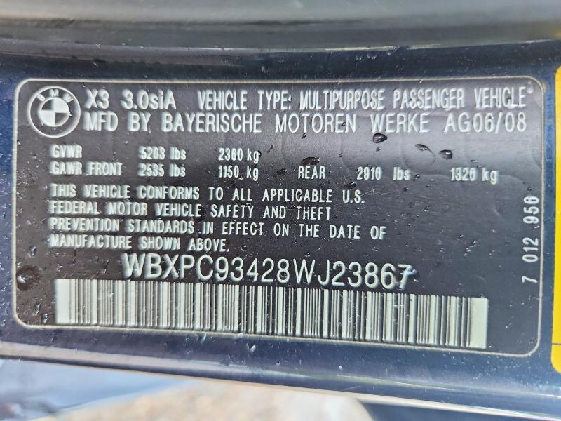 Aukcja sprzedaży 2008 Bmw X3, vin: WBXPC93428WJ23867, numer aukcji: 67685436