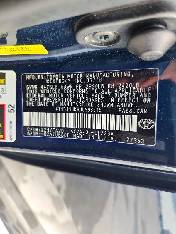 2018 Toyota Camry მანქანა იყიდება აუქციონზე, vin: 4T1B11HK6JU595315, აუქციონის ნომერი: 69101606