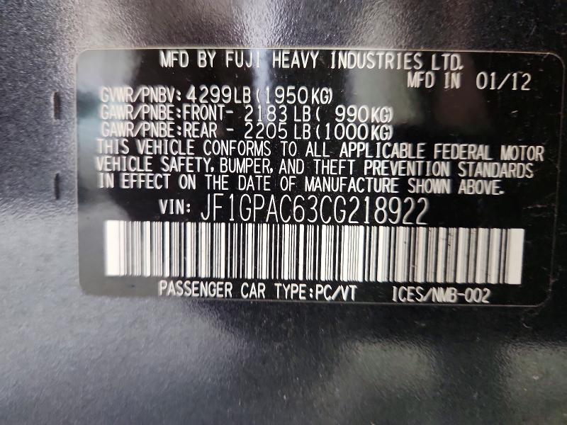 Продаж на аукціоні авто 2012 Subaru Impreza, vin: JF1GPAC63CG218922, номер лоту: 70631806