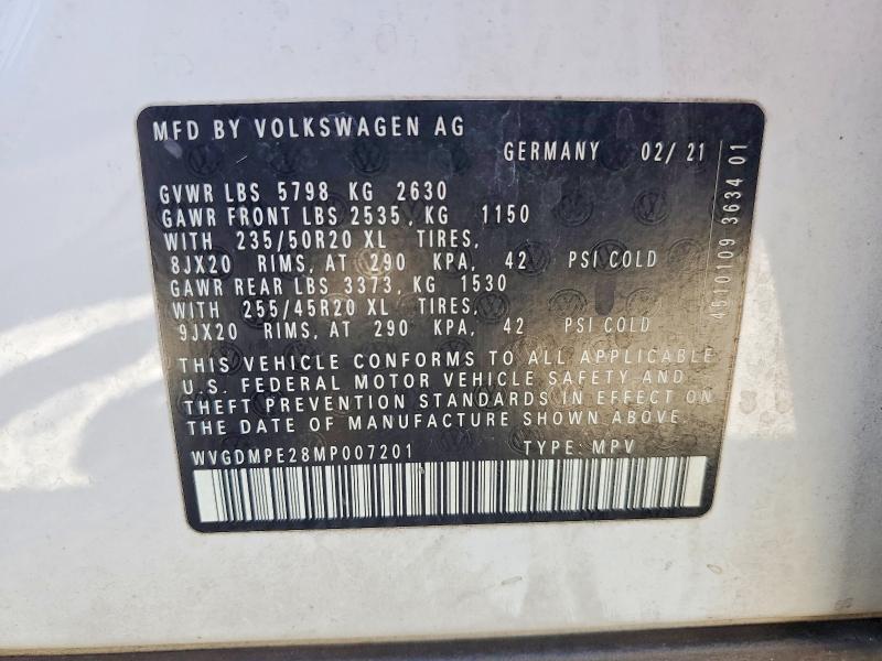 2021 Volkswagen Id.4 მანქანა იყიდება აუქციონზე, vin: WVGDMPE28MP007201, აუქციონის ნომერი: 68670226
