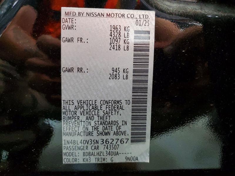 2025 Nissan Altima მანქანა იყიდება აუქციონზე, vin: 1N4BL4DV3SN362767, აუქციონის ნომერი: 70533746