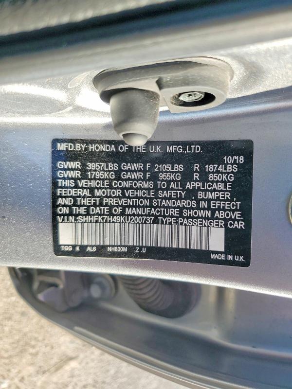2019 Honda Civic მანქანა იყიდება აუქციონზე, vin: SHHFK7H49KU200737, აუქციონის ნომერი: 68730046
