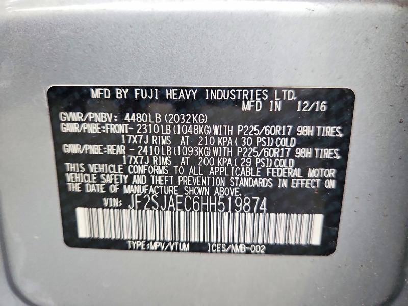 Aukcja sprzedaży 2017 Subaru Forester, vin: JF2SJAEC6HH519874, numer aukcji: 69110646
