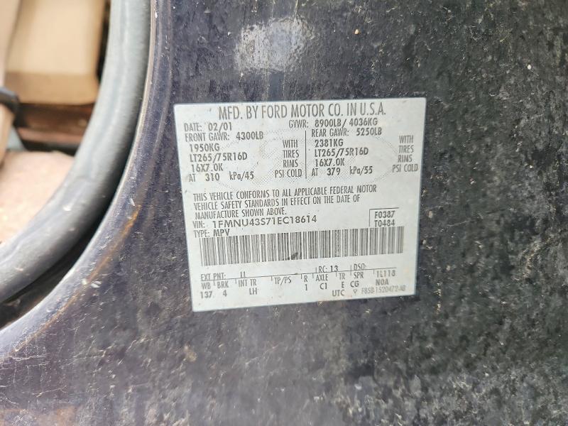 2001 Ford Excursion მანქანა იყიდება აუქციონზე, vin: 1FMNU43S71EC18614, აუქციონის ნომერი: 70319216