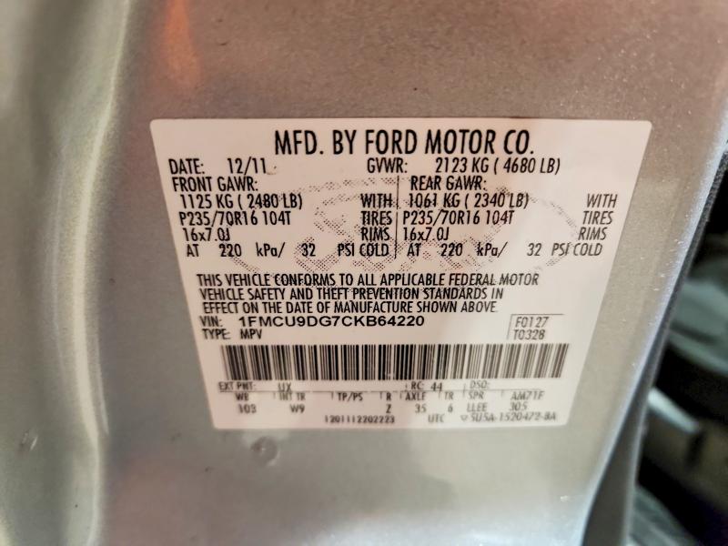69884196 :رقم المزاد ، 1FMCU9DG7CKB64220 vin ، 2012 Ford Escape مزاد بيع