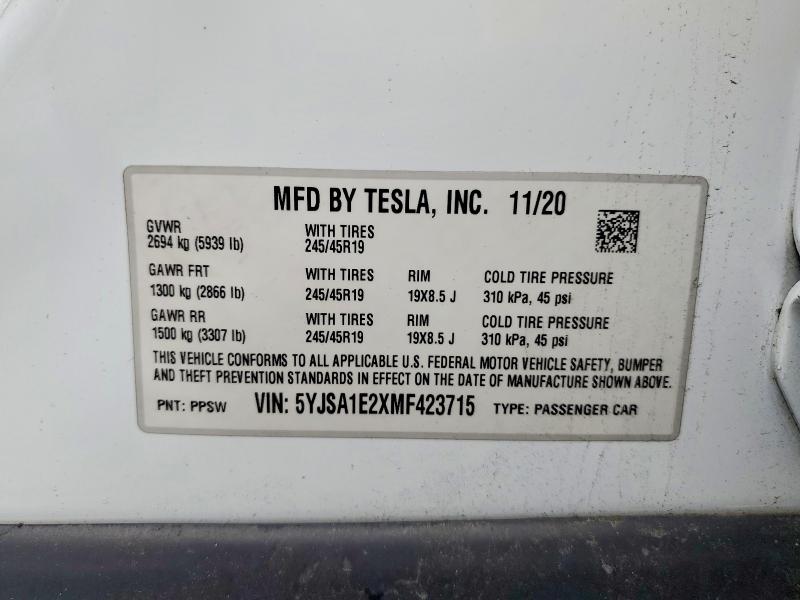 Aukcja sprzedaży 2021 Tesla Model S, vin: 5YJSA1E2XMF423715, numer aukcji: 67543076