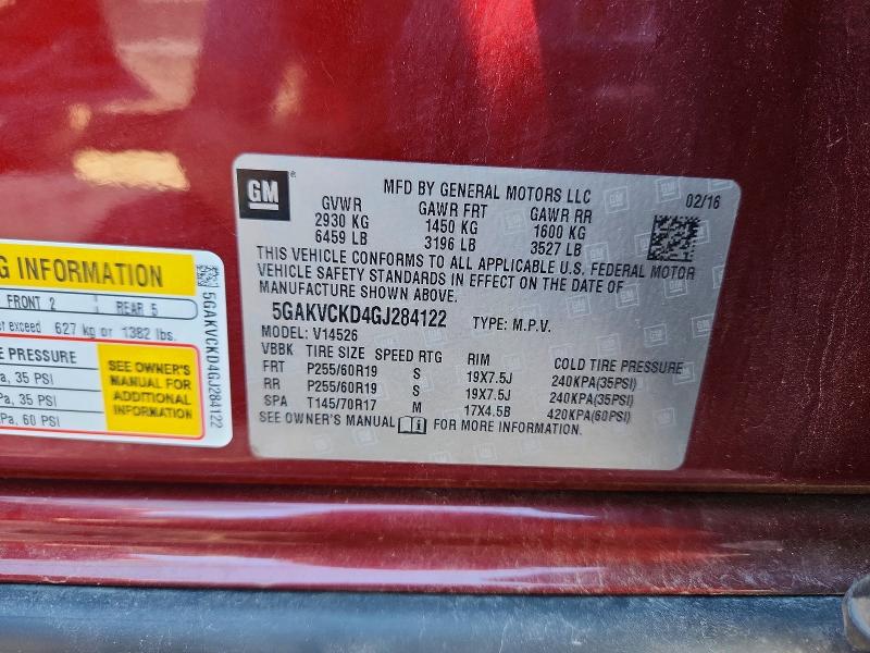 67802196 :رقم المزاد ، 5GAKVCKD4GJ284122 vin ، 2016 Buick Enclave مزاد بيع