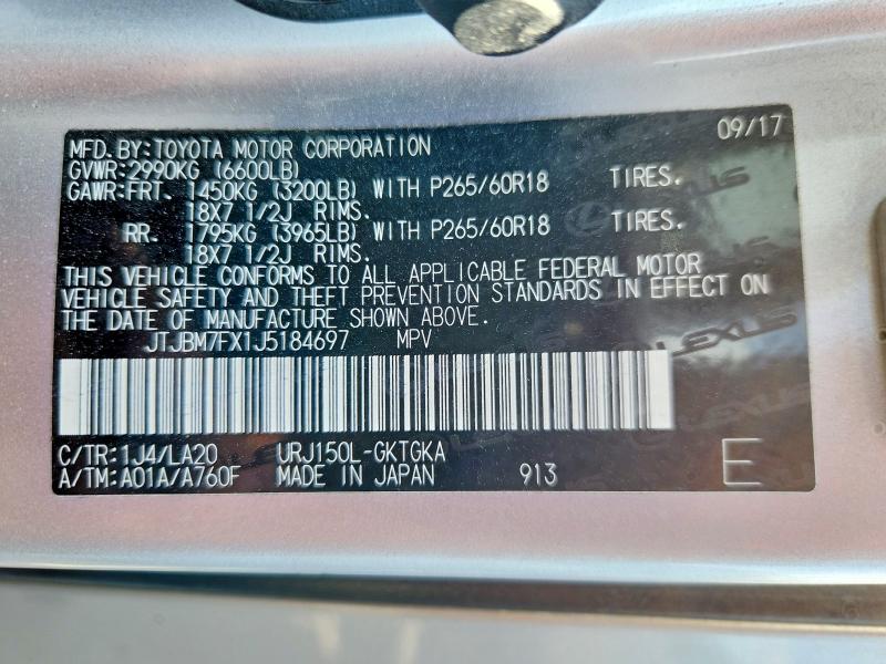 2018 Lexus Gx მანქანა იყიდება აუქციონზე, vin: JTJBM7FX1J5184697, აუქციონის ნომერი: 70044036