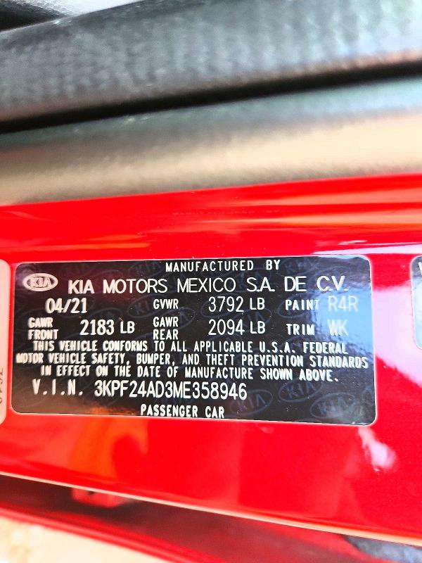 67217696 :رقم المزاد ، 3KPF24AD3ME358946 vin ، 2021 Kia Forte مزاد بيع