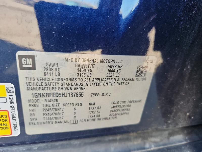 68954376 :رقم المزاد ، 1GNKRFED5HJ137865 vin ، 2017 Chevrolet Traverse مزاد بيع