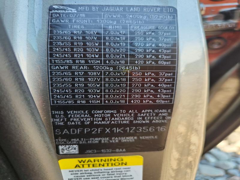 70621236 :رقم المزاد ، SADFP2FX1K1Z35616 vin ، 2019 Jaguar E-pace مزاد بيع