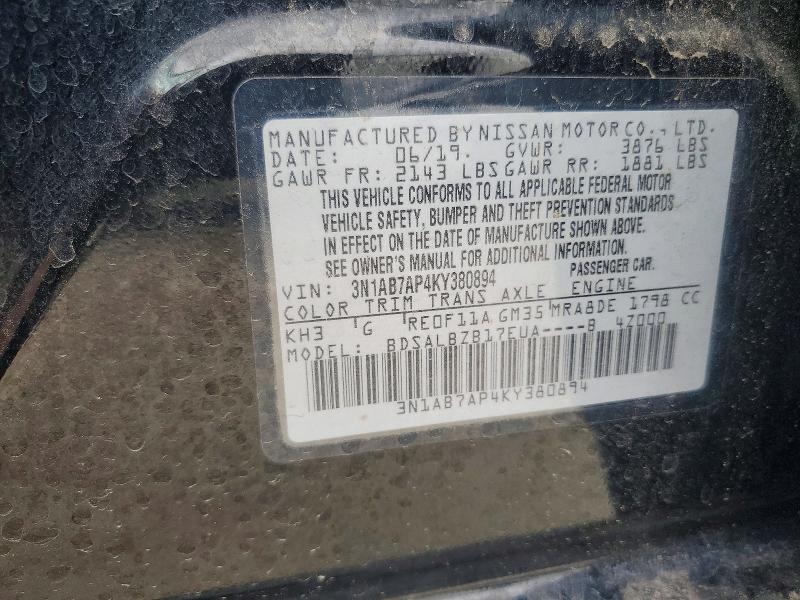 69856426 :رقم المزاد ، 3N1AB7AP4KY380894 vin ، 2019 Nissan Sentra مزاد بيع