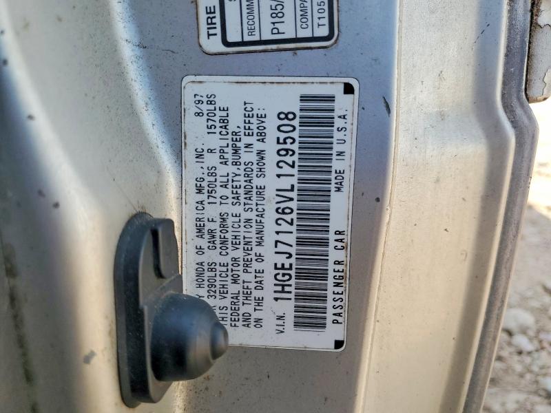 1997 Honda Civic მანქანა იყიდება აუქციონზე, vin: 1HGEJ7126VL129508, აუქციონის ნომერი: 67900896