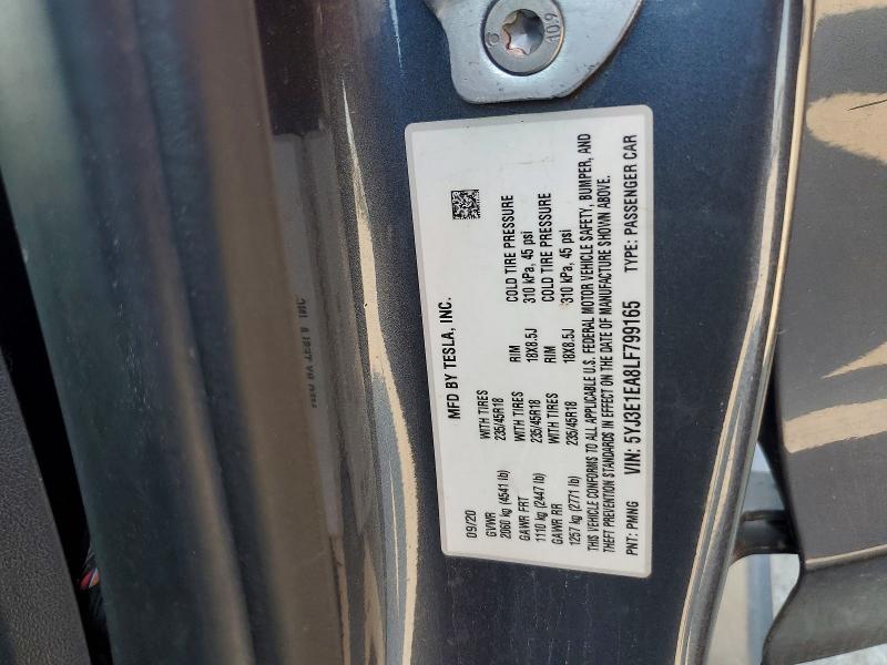 2020 Tesla Model 3 მანქანა იყიდება აუქციონზე, vin: 5YJ3E1EA8LF799165, აუქციონის ნომერი: 66538126