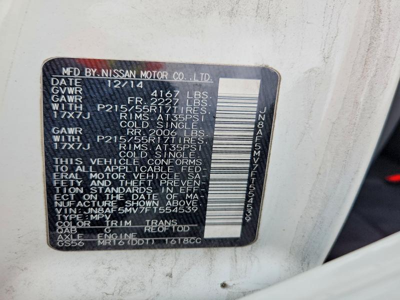 2015 Nissan Juke მანქანა იყიდება აუქციონზე, vin: JN8AF5MV7FT554539, აუქციონის ნომერი: 71224026