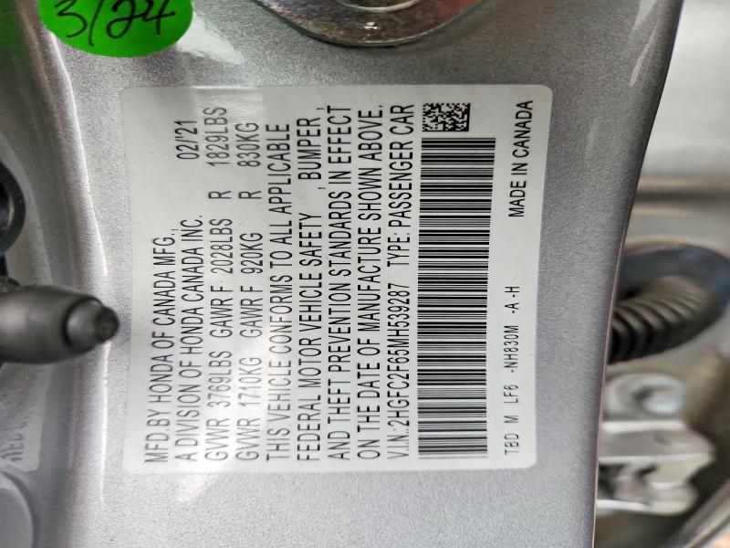 2021 Honda Civic მანქანა იყიდება აუქციონზე, vin: 2HGFC2F65MH539287, აუქციონის ნომერი: 67007896