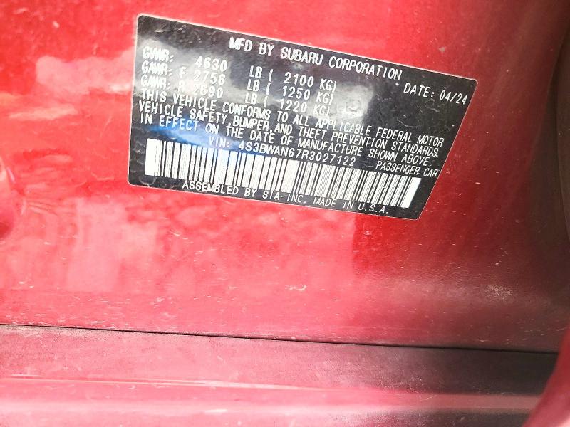 2024 Subaru Legacy მანქანა იყიდება აუქციონზე, vin: 4S3BWAN67R3027122, აუქციონის ნომერი: 67802876