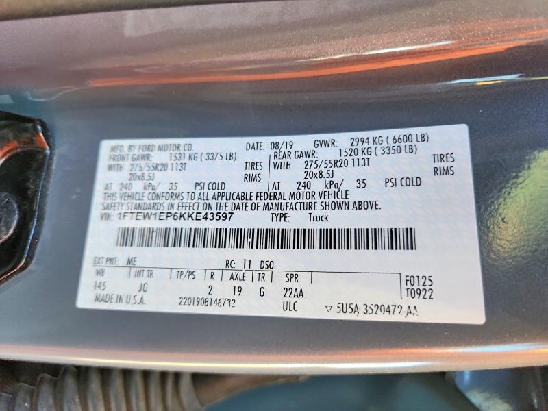 67639796 :رقم المزاد ، 1FTEW1EP6KKE43597 vin ، 2019 Ford F150 مزاد بيع