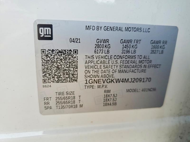 Aukcja sprzedaży 2021 Chevrolet Traverse, vin: 1GNEVGKW4MJ209170, numer aukcji: 67349846