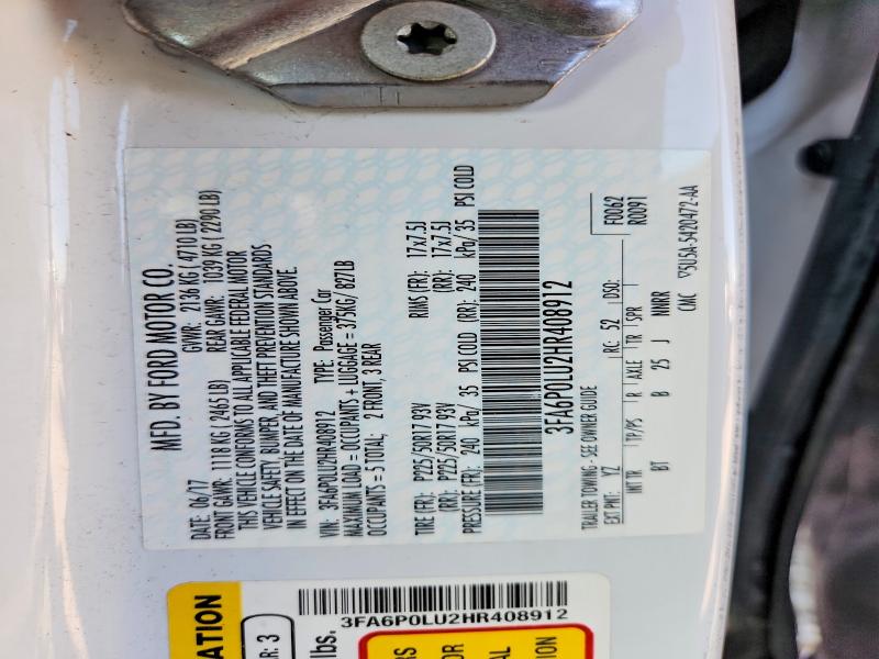 Aukcja sprzedaży 2017 Ford Fusion, vin: 3FA6P0LU2HR408912, numer aukcji: 62241126