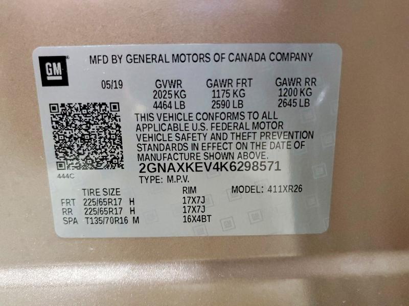 69119266 :رقم المزاد ، 2GNAXKEV4K6298571 vin ، 2019 Chevrolet Equinox مزاد بيع