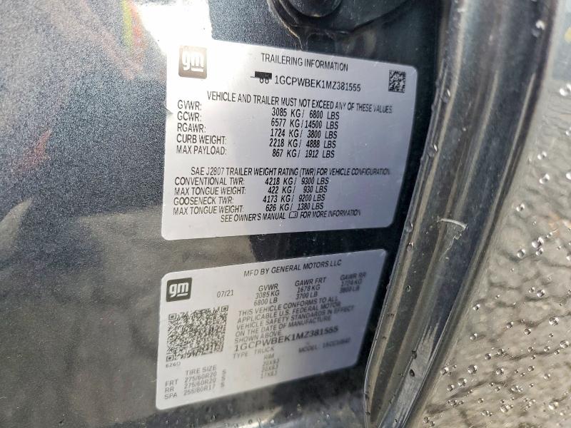 68101656 :رقم المزاد ، 1GCPWBEK1MZ381555 vin ، 2021 Chevrolet Silverado مزاد بيع
