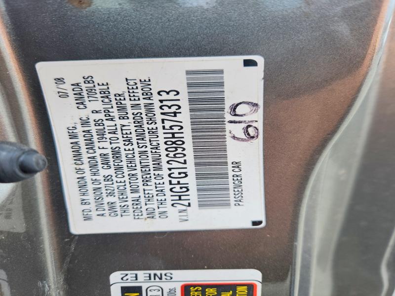 2008 Honda Civic მანქანა იყიდება აუქციონზე, vin: 2HGFG12698H574313, აუქციონის ნომერი: 69544116