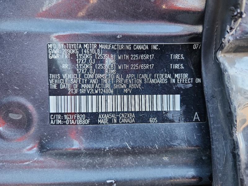 67379086 :رقم المزاد ، 2T3F1RFV2LW124804 vin ، 2020 Toyota Rav4 مزاد بيع