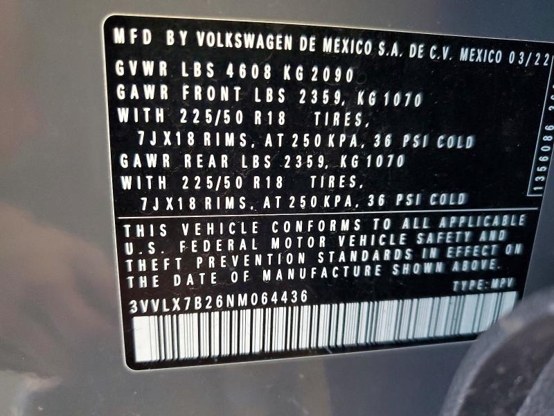 Продаж на аукціоні авто 2022 Volkswagen Taos, vin: 3VVLX7B26NM064436, номер лоту: 71104906