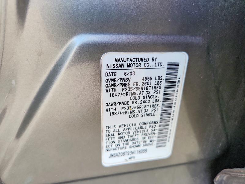 2003 Nissan Murano მანქანა იყიდება აუქციონზე, vin: JN8AZ08T93W119888, აუქციონის ნომერი: 67042676