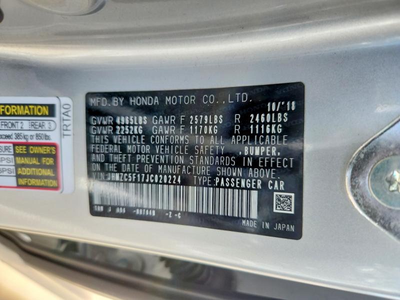 Продаж на аукціоні авто 2018 Honda Clarity, vin: JHMZC5F17JC020224, номер лоту: 67955806