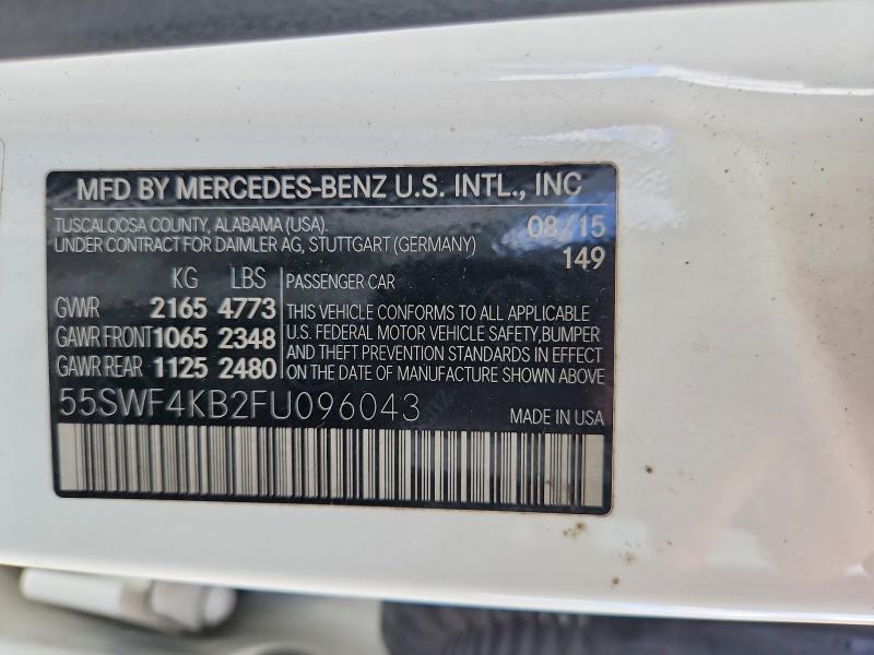 2015 Mercedes-benz C მანქანა იყიდება აუქციონზე, vin: 55SWF4KB2FU096043, აუქციონის ნომერი: 69800116