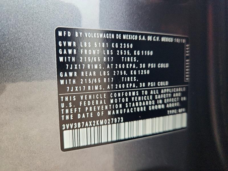 Aukcja sprzedaży 2019 Volkswagen Tiguan, vin: 3VV3B7AX2KM027973, numer aukcji: 69027216