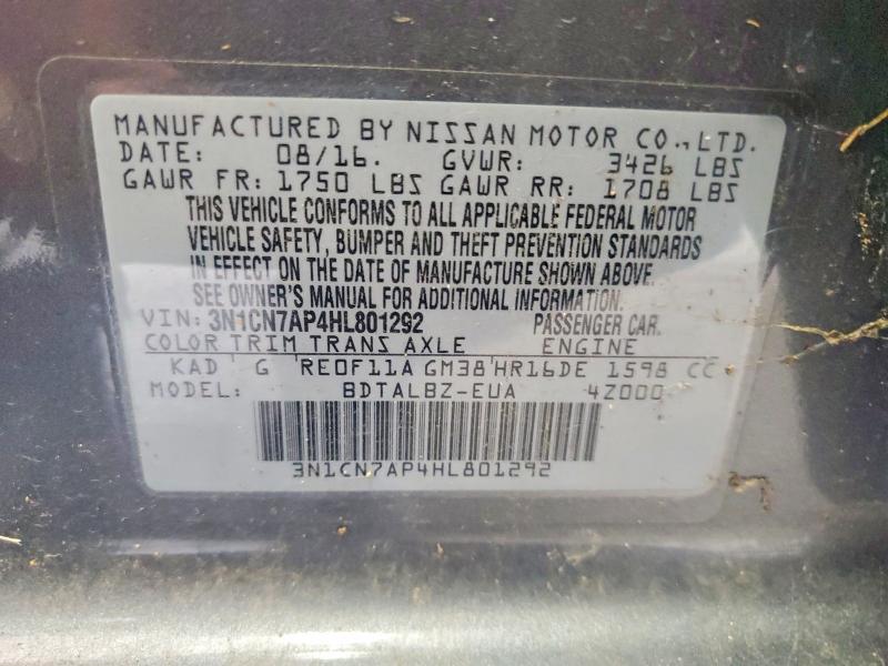 2017 Nissan Versa მანქანა იყიდება აუქციონზე, vin: 3N1CN7AP4HL801292, აუქციონის ნომერი: 69499386