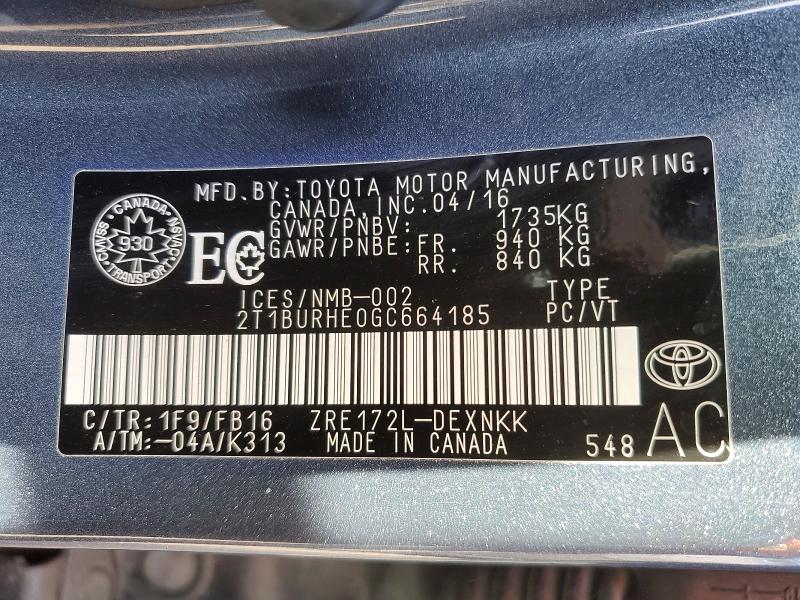 69608036 :رقم المزاد ، 2T1BURHE0GC664185 vin ، 2016 Toyota Corolla مزاد بيع
