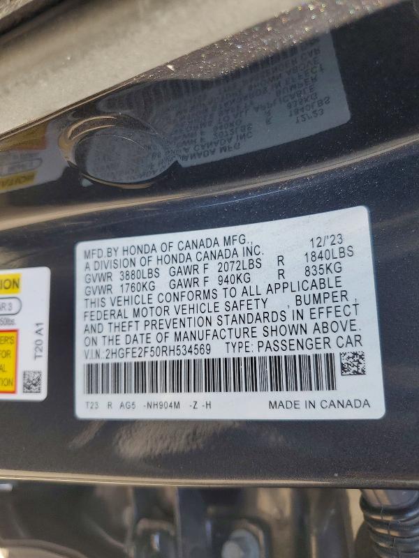 Продажа на аукционе авто 2024 Honda Civic, vin: 2HGFE2F50RH534569, номер лота: 68398036