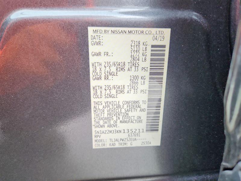2019 Nissan Murano მანქანა იყიდება აუქციონზე, vin: 5N1AZ2MJ3KN135211, აუქციონის ნომერი: 68094766