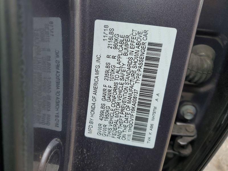 Продажа на аукционе авто 2019 Honda Accord, vin: 1HGCV1F16KA008137, номер лота: 69582836