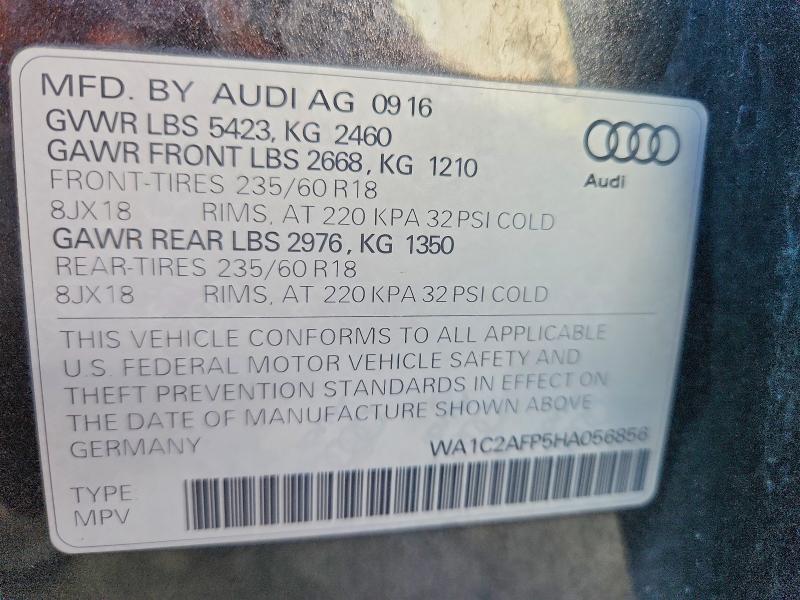 2017 Audi Q5 მანქანა იყიდება აუქციონზე, vin: WA1C2AFP5HA056856, აუქციონის ნომერი: 68796206