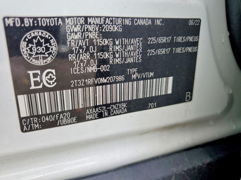 68310876 :رقم المزاد ، 2T3Z1RFV0NW207986 vin ، 2022 Toyota Rav4 مزاد بيع