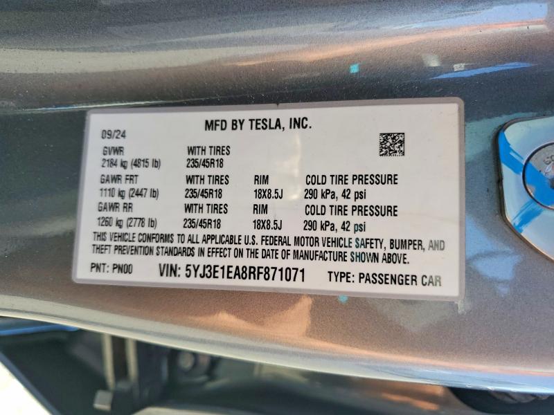Продажа на аукционе авто 2024 Tesla Model 3, vin: 5YJ3E1EA8RF871071, номер лота: 67036396