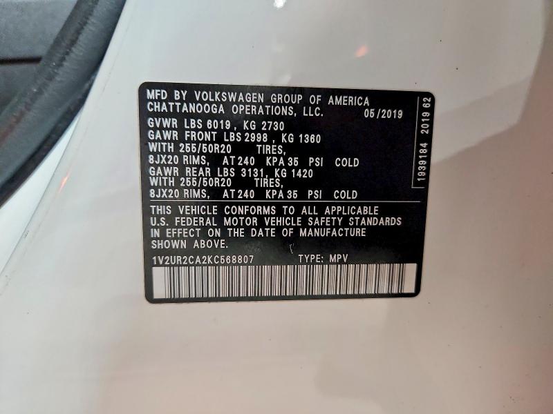 68107666 :رقم المزاد ، 1V2UR2CA2KC568807 vin ، 2019 Volkswagen Atlas مزاد بيع