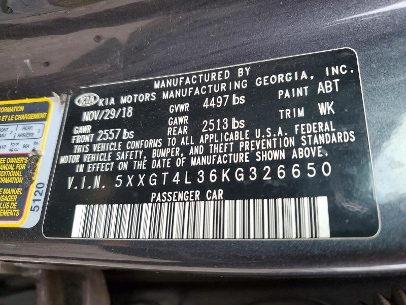 2019 Kia Optima მანქანა იყიდება აუქციონზე, vin: 5XXGT4L36KG326650, აუქციონის ნომერი: 67602776
