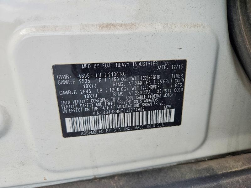 2016 Subaru Outback მანქანა იყიდება აუქციონზე, vin: 4S4BSBNC9G3274982, აუქციონის ნომერი: 69480786