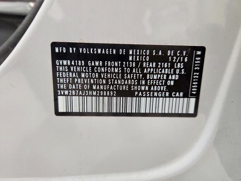 70247206 :رقم المزاد ، 3VW2B7AJ3HM298892 vin ، 2017 Volkswagen Jetta مزاد بيع